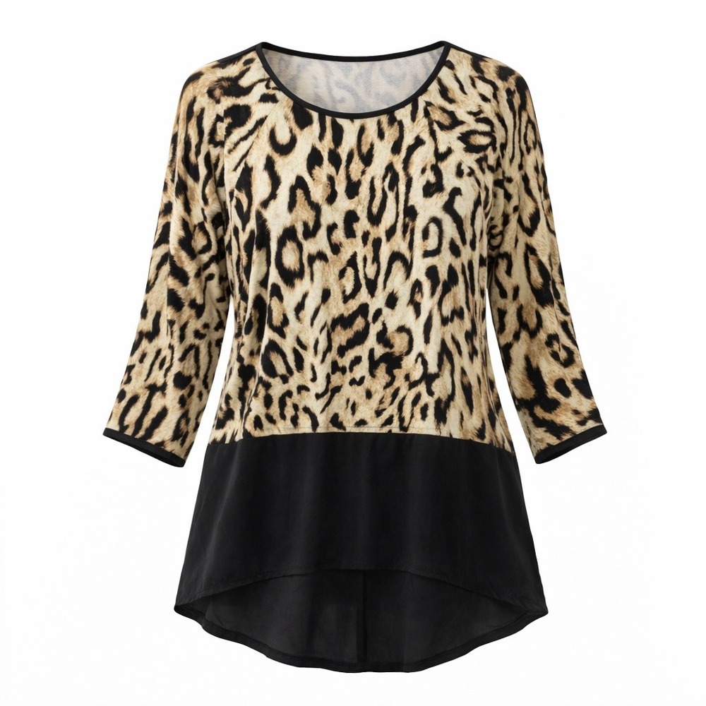 Chico's Leopard Print 3/4 Sleeve Blouse Black Trim Relaxed Fit Tunic Size M New